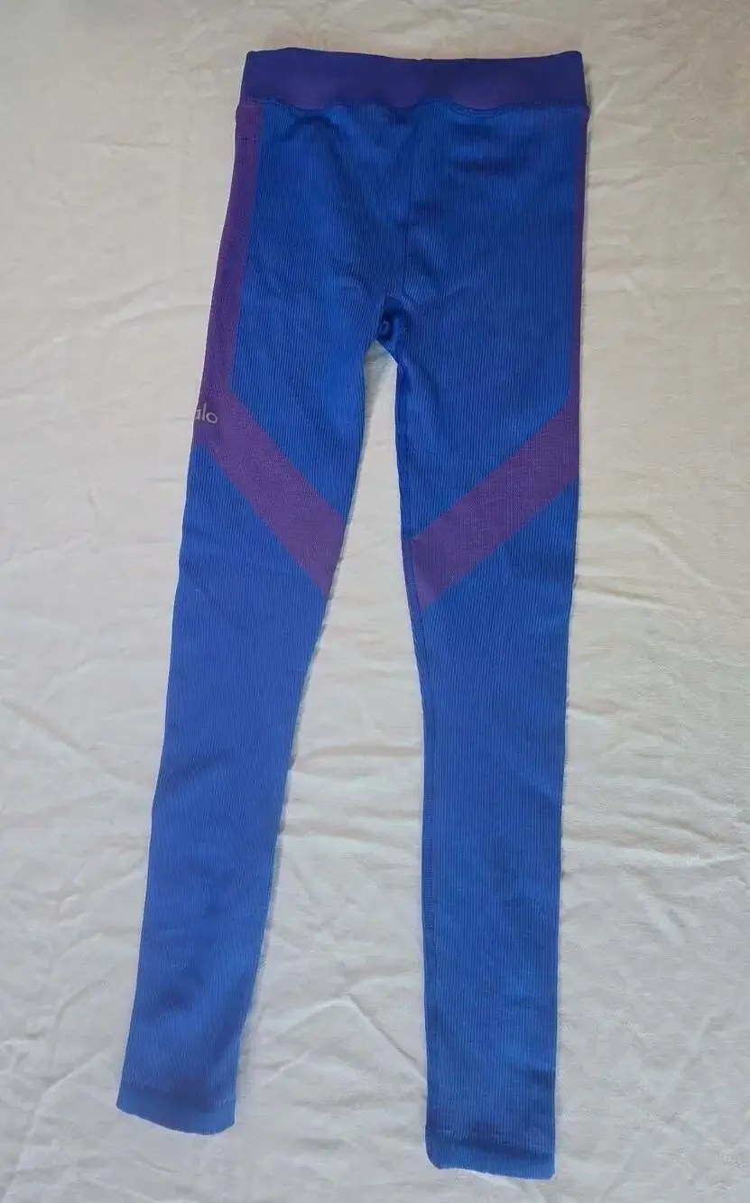 Alo Yoga Ribbed High-Waist Seamless Leggings in Blue and Purple. 025